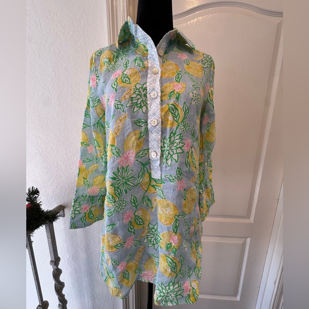 Lilly Pulitzer Sz XXS Riverlyn Pieced Print Tunic Bluette Make Lemonade in Linen - Picture 4 of 12